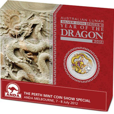 2012 $1 ANDA Melbourne Show Lunar Year of The Dragon 1oz Silver Coloured Coin