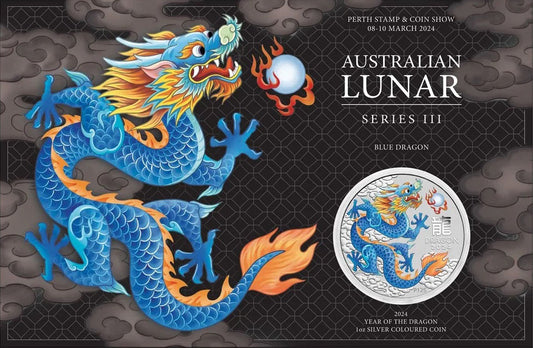 2024 $1 Perth Stamp & Coin Show Lunar Year of The Dragon Blue Dragon 1oz Silver Coloured Uncirculated Coin