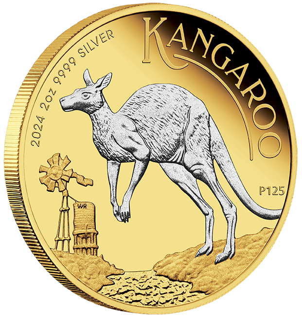 2024 $2 Australian Kangaroo 2oz Silver Reverse Gilded Coin