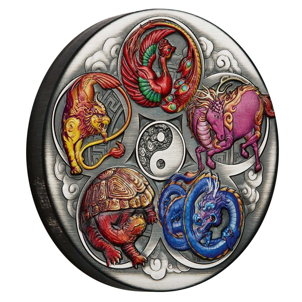 Tuvalu 2024 $5 Five Auspicious Creatures 5oz Silver Coloured Antiqued Coin