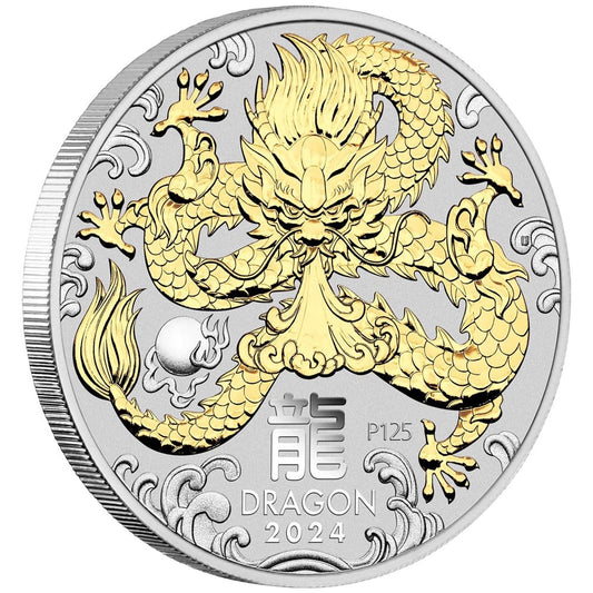 2024 $1 Lunar Year of The Dragon 1oz Silver Gilded Coin