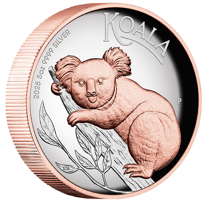 2025 $8 Australian Koala 5oz Silver High Relief Pink Gold Gilded Proof Coin