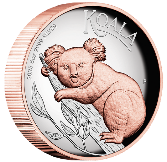 2025 $8 Australian Koala 5oz Silver High Relief Pink Gold Gilded Proof Coin