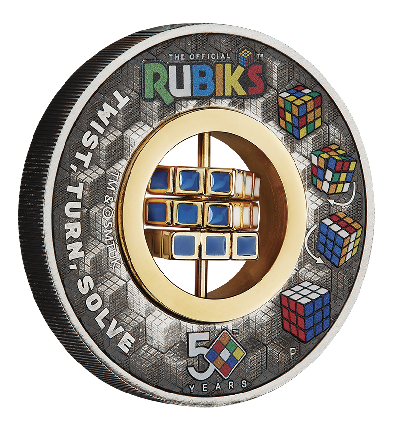 Tuvalu 2024 $2 Rubik’s Cube 50th Anniversary Selectively Gold Plated 2oz Silver Coloured Rotating Charm Antiqued Coin