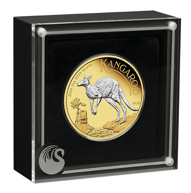 2024 $2 Australian Kangaroo 2oz Silver Reverse Gilded Coin