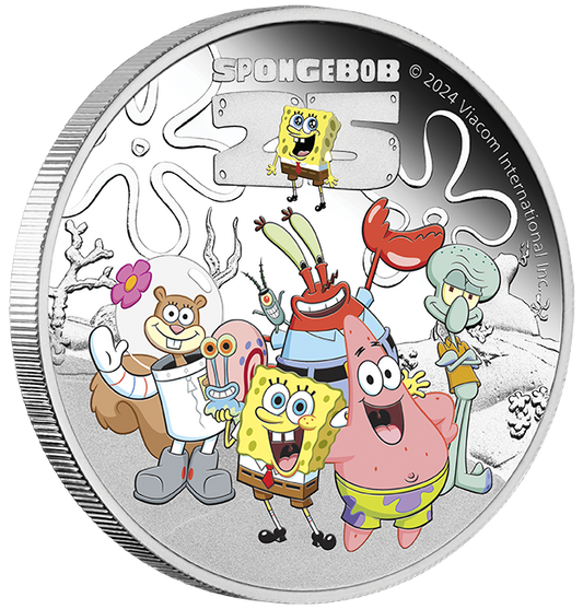 Tuvalu 2024 $1 25 Years of Spongebob Squarepants and Friends 1oz Silver Coloured Proof Coin