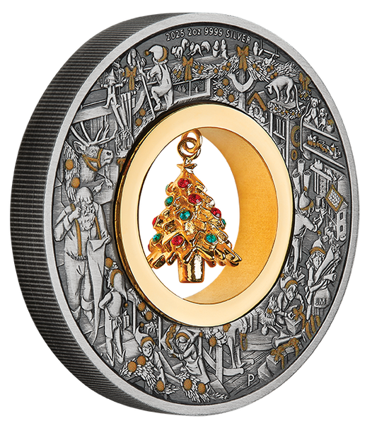 2025 $2 Santa's Workshop with Gold Plated Christmas Tree Charm 2oz Silver Antiqued Coin