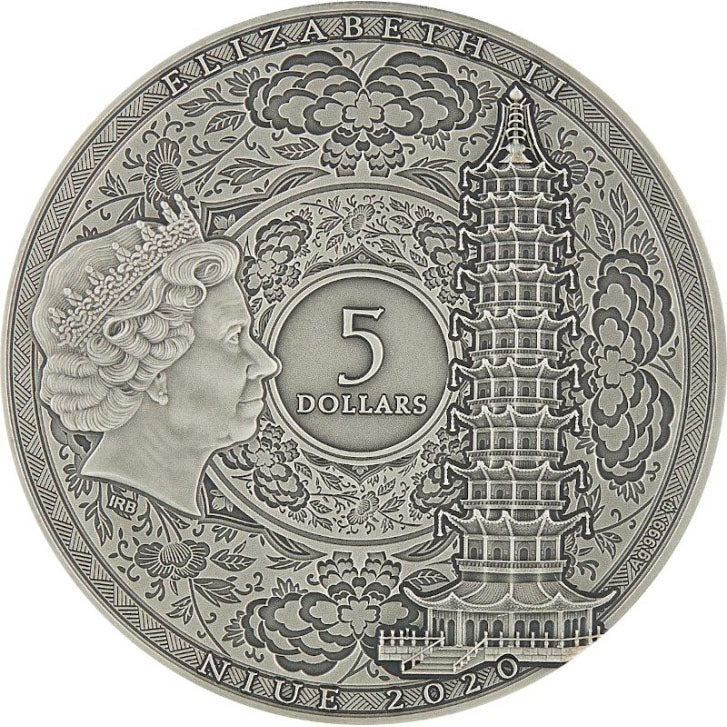 Niue 2020 $5 Famous Explorers Zheng He 2oz Silver with Porcelain Insert Antiqued Coin