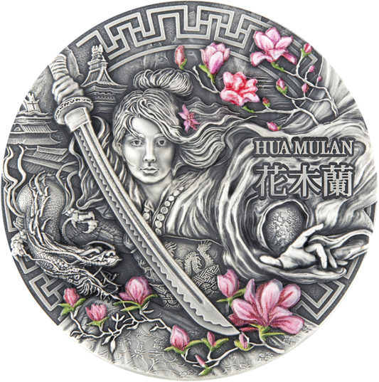 Niue 2021 $5 Heroines Hua Mulan 2oz Silver Coloured Antiqued Coin