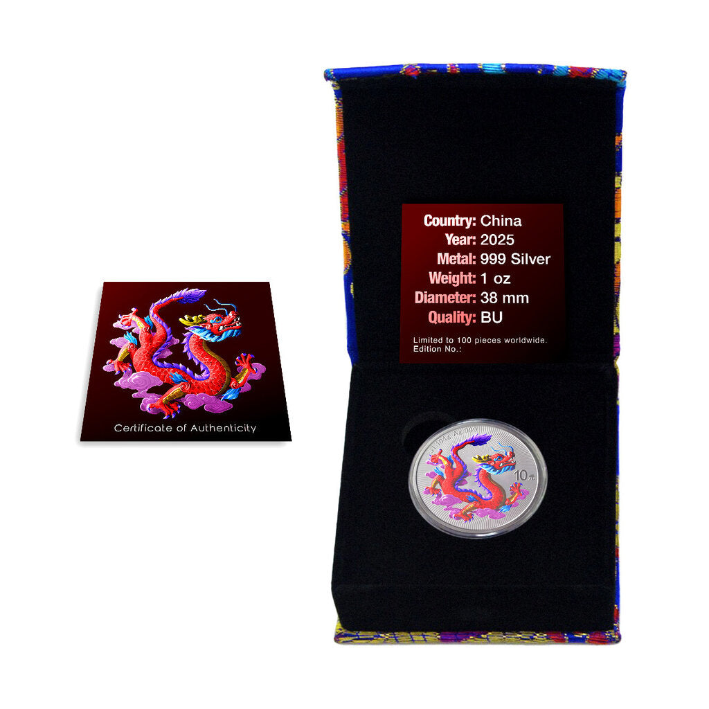 China 2025 10 Yuan Chinese Red Dragon 1oz Silver Coloured Bullion Coin