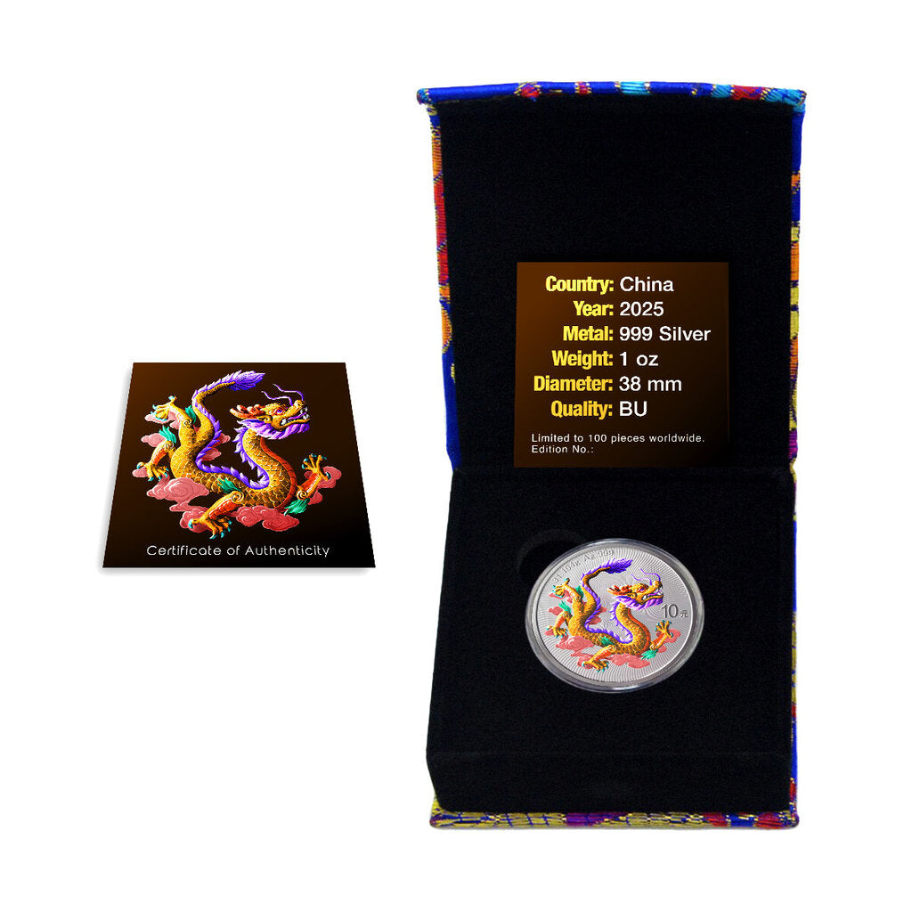 China 2025 10 Yuan Chinese Yellow Dragon 1oz Silver Coloured Bullion Coin