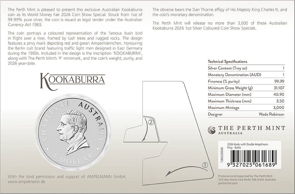 2026 $1 WMF Berlin Australian Kookaburra Ampelmännchen Privy Mark 1oz Silver Coloured Uncirculated Coin