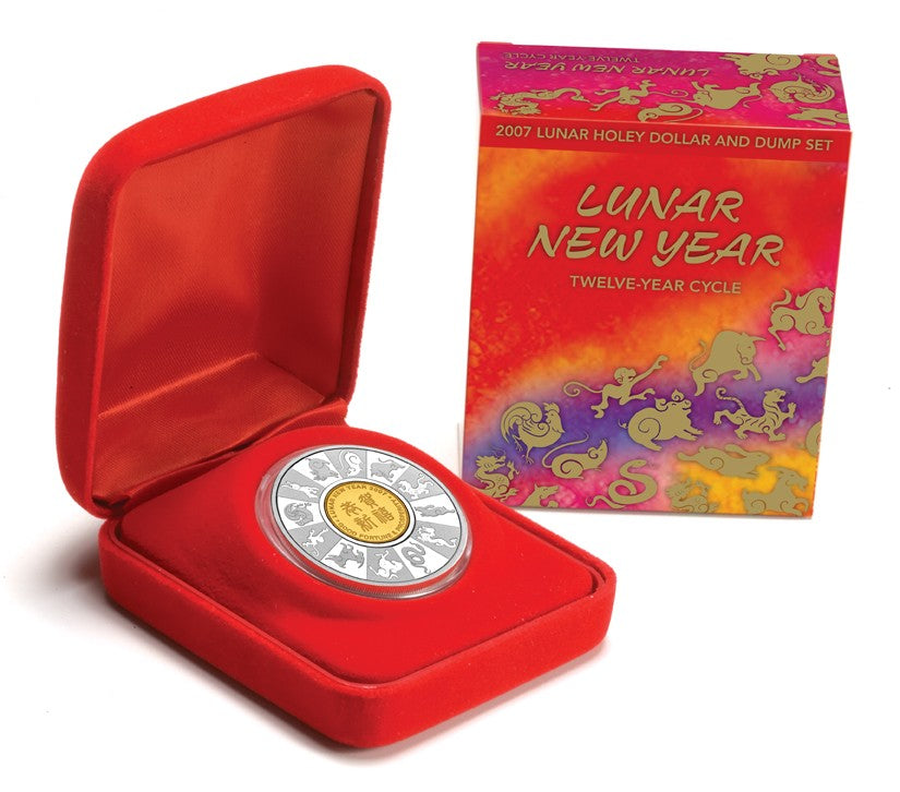 2007 $ Lunar New Year Twelve Year Cycle Selectively Gold Plated Holey Dollar and Dump 1oz Silver Proof Coin