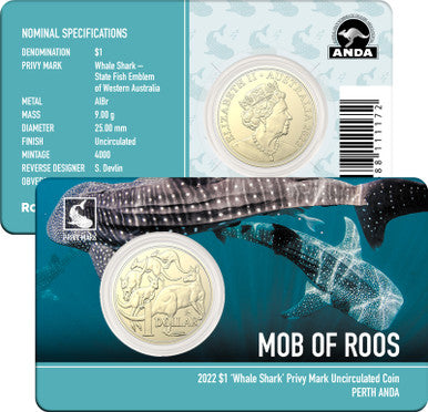 2022 $1 ANDA Perth Mob of Roos 'Whale Shark' Privy Mark Uncirculated Coin