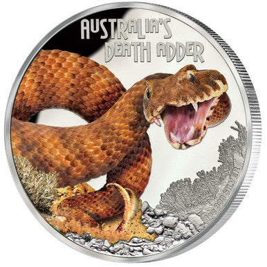 Tuvalu 2016 $1 Deadly and Dangerous Death Adder 1oz Silver Coloured Proof Coin