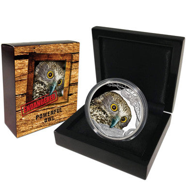 Tuvalu 2018 $1 Endangered and Extinct Powerful Owl 1oz Silver Coloured Proof Coin