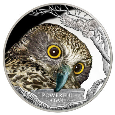 Tuvalu 2018 $1 Endangered and Extinct Powerful Owl 1oz Silver Coloured Proof Coin