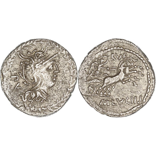 Roman Republic, M. Lucilius Mn.f. M.n. Rufus, Silver Denarius, 101 BC, nVF-VF