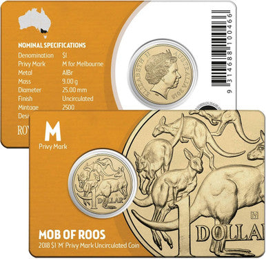 2018 $1 ANDA Melbourne Mob of Roos 'M' Privy Mark Uncirculated Coin