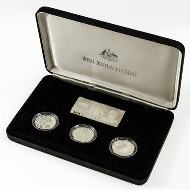 1990 Masterpieces In Silver The Silver Dollars 3 Coin with Ingot Proof Set