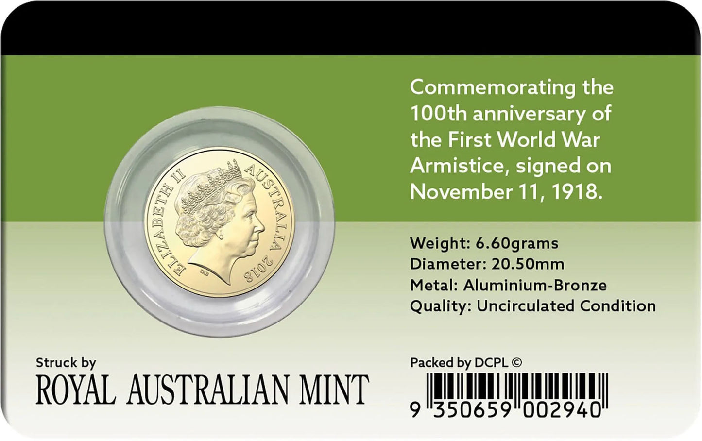 2018 $2 Remembrance Day Armistice Coloured UNC Coin