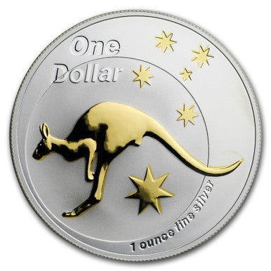 2005 $1 Australian Kangaroo Selectively Gold Plated 1oz Silver Coin