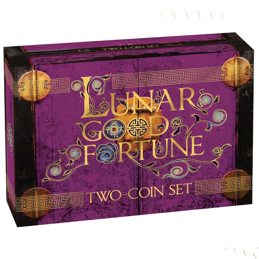 Tuvalu 2019 $1 Lunar Good Fortune Year of The Pig Wealth & Wisdom 1oz Silver Coloured 2 Coin Proof Set