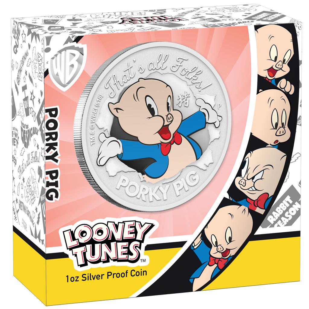 Tuvalu 2019 $1 Looney Tunes Porky Pig 1oz Silver Coloured Proof Coin