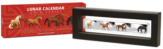 Cook Islands 2014 $1 Lunar Calendar Year of The Horse 1oz Silver Coloured Proof Rectangle Shaped 4 Coin Set