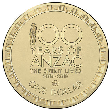 2014 $1 World War I 100 Years of ANZAC The Spirit Lives Shrine of Remembrance 'M' Counterstamp Uncirculated Coin