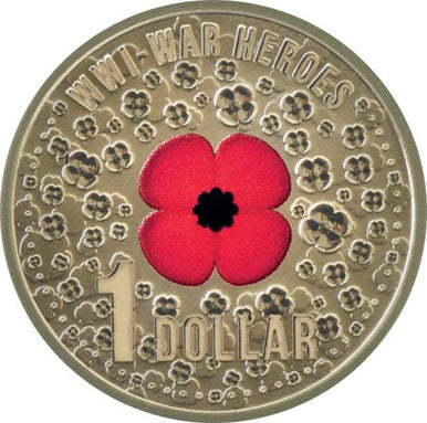 2015 $1 WWI War Heroes Red Poppy Coloured Uncirculated Coin