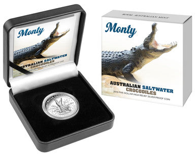 2016 $5 Australian Saltwater Crocodiles Monty 1oz Silver High Relief Proof Coin