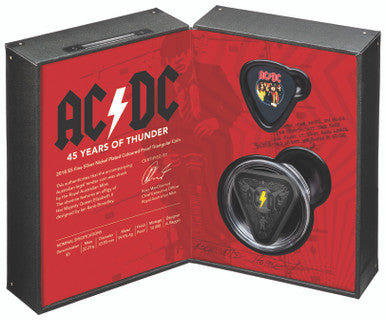 2018 $5 AC/DC 45 Years of Thunder Silver Coloured Triangular Proof Coin with Guitar Pick Set