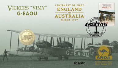 2019 $1 ANDA Sydney Centenary of First England to Australia Flight Vickers 'Vimy' G-EAOU PNC
