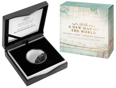 2019 $5 A New Map of The World 1626 Columbus, Drake, Cavendish and Magellan 1oz Silver Proof Domed Coin