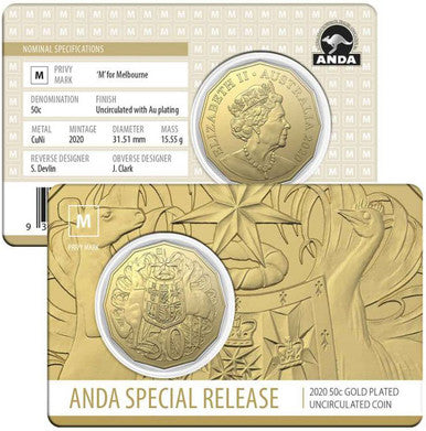 2020 50c ANDA Melbourne 'M' Privy Mark Gold Plated Uncirculated Coin