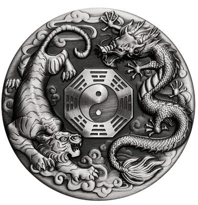 2021 Dragon and Tiger with Bagua 2oz Silver Antiqued coin