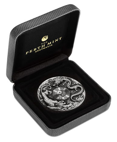 2021 Dragon and Tiger with Bagua 2oz Silver Antiqued coin