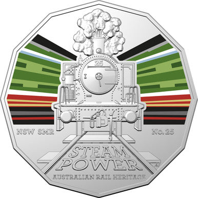 2022 50c Steam Power Australian Rail Heritage NSW Coloured Uncirculated Coin