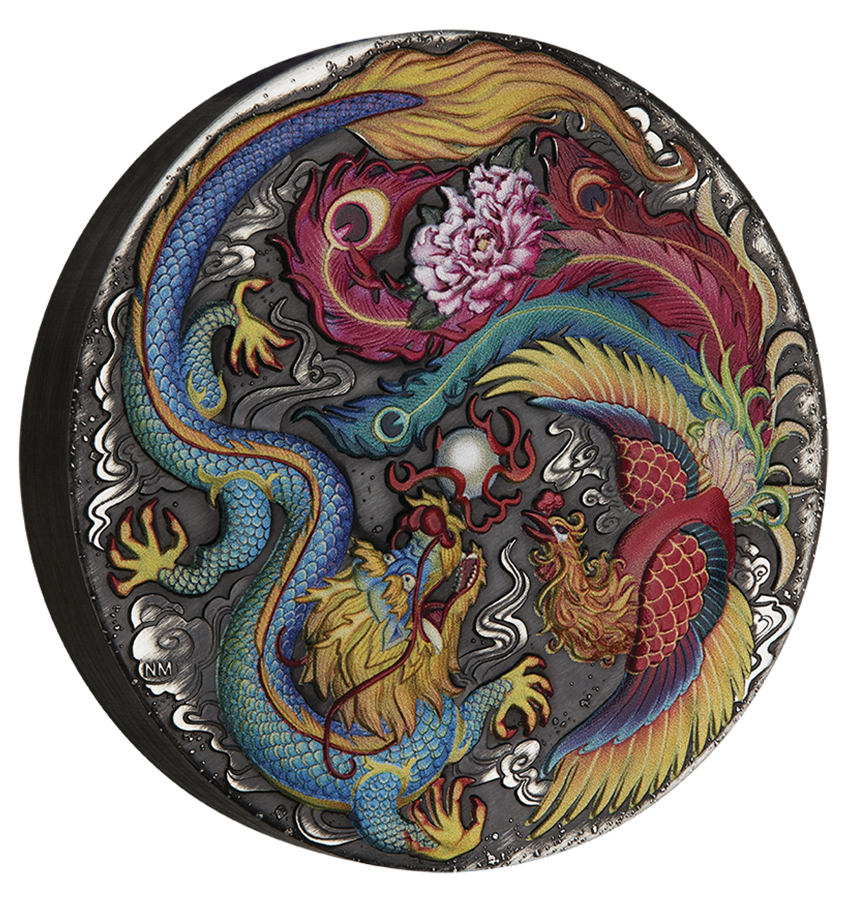Tuvalu 2024 $5 Chinese Mythical Creatures Dragon & Phoenix 5oz Silver Coloured Antiqued Coin