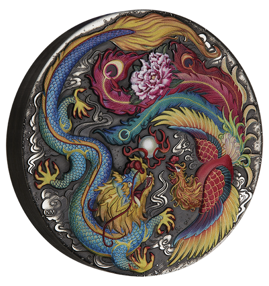 Tuvalu 2024 $5 Chinese Mythical Creatures Dragon & Phoenix 5oz Silver Coloured Antiqued Coin