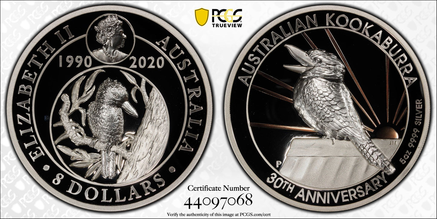 2020 $8 Australian Kookaburra 30 Year Anniversary Selectively Rose Gold Plated 5oz Silver High Relief Proof Coin PCGS PR69DCAM