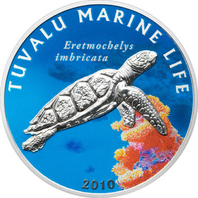 Tuvalu 2010 $1 Marine Life Turtle 1oz Silver Coloured Proof Coin