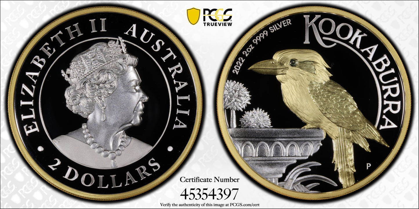 2022 $2 Australian Kookaburra Selectively Gold Plated 2oz Silver High Relief Proof Coin PCGS PR70DCAM