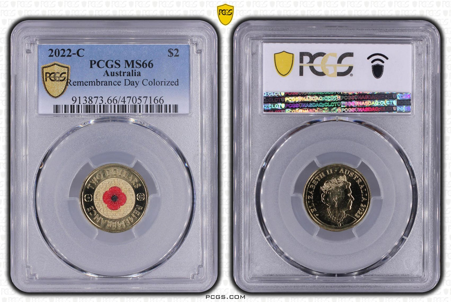 2022 $2 Remembrance Day 'C' Mintmark Coloured Uncirculated Coin PCGS MS66
