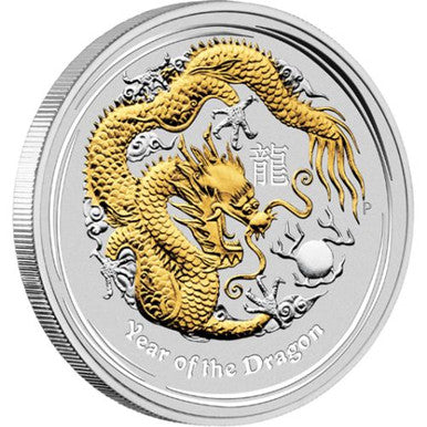 2012 $1 Lunar Year of The Dragon 1oz Silver Gilded Coin