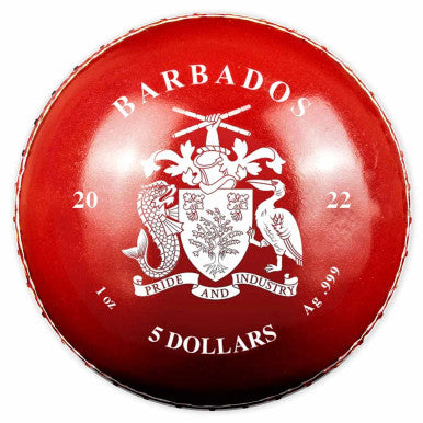 Barbados 2022 $5 T20 Cricket World Cup 1oz Silver Coloured Ball Shaped Coin