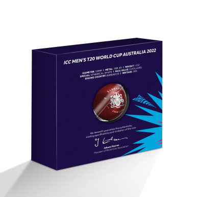 Barbados 2022 $5 T20 Cricket World Cup 1oz Silver Coloured Ball Shaped Coin