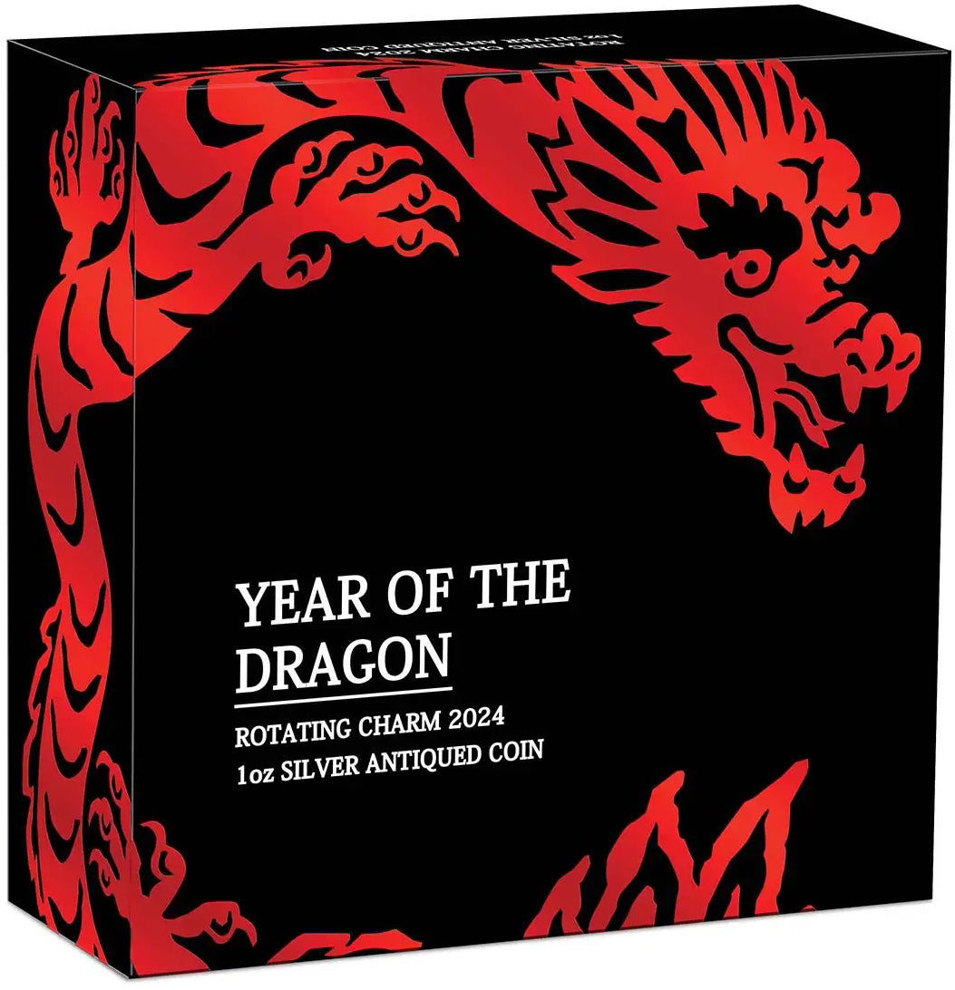 Tuvalu 2024 $1 Lunar Year of The Dragon Rotating Charm 1oz Silver Antiqued Coin