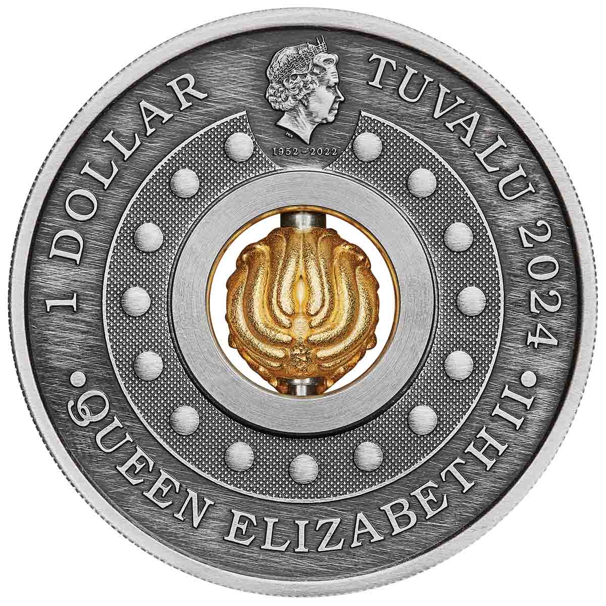Tuvalu 2024 $1 Lunar Year of The Dragon Rotating Charm 1oz Silver Antiqued Coin